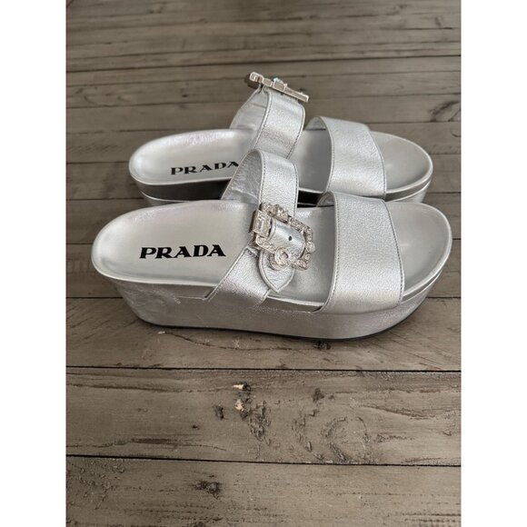Prada Silver Metallic Leather Platform Crystal Buckle Slide Sandals Size 38 8 - Picture 8 of 10